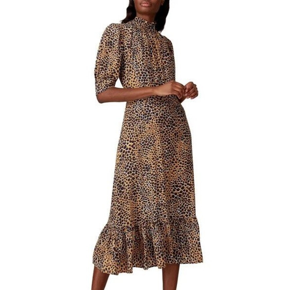Sea New York Louise Dress 2 Brown Leopard Ruffle Hem Puff Sleeve Midi Shift